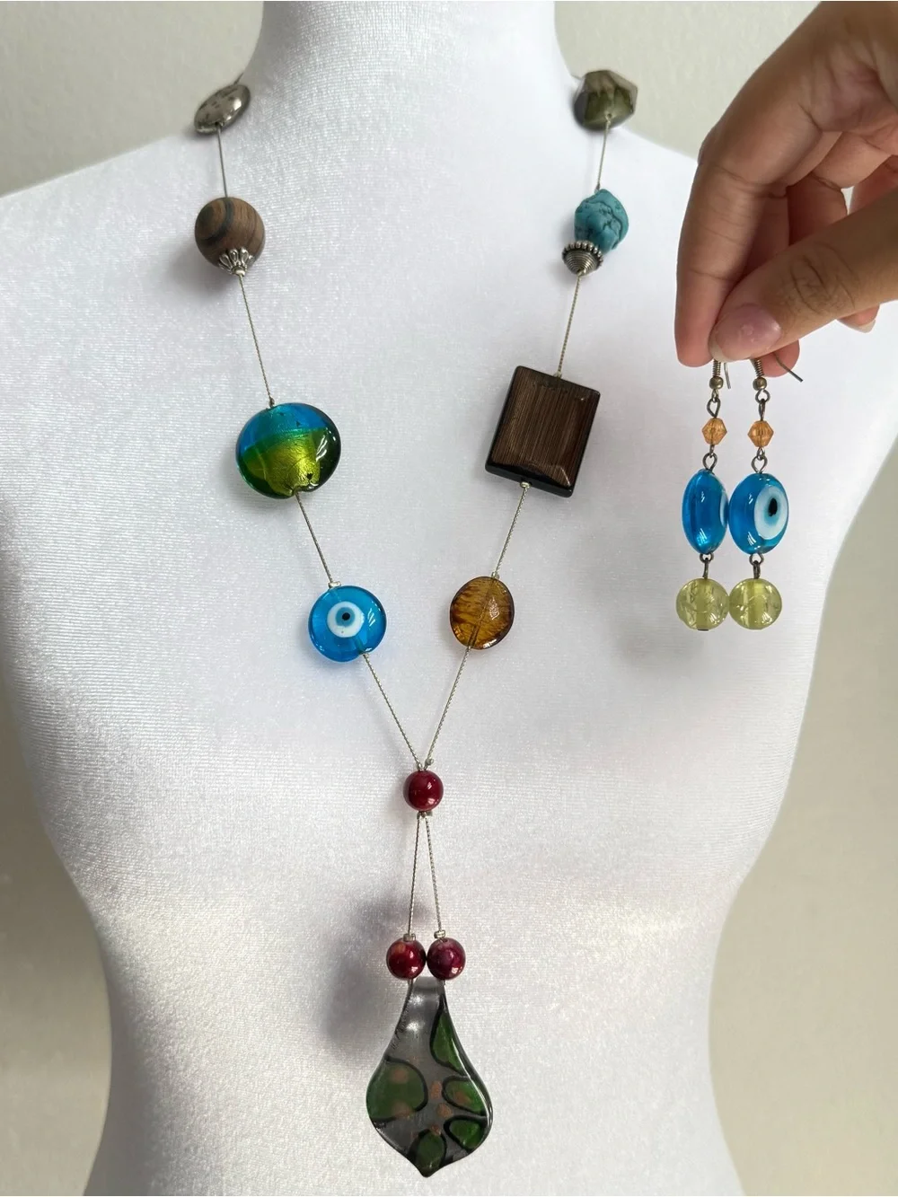 Handcrafted Multicolor Glass Pendant Necklace with Matching Earrings